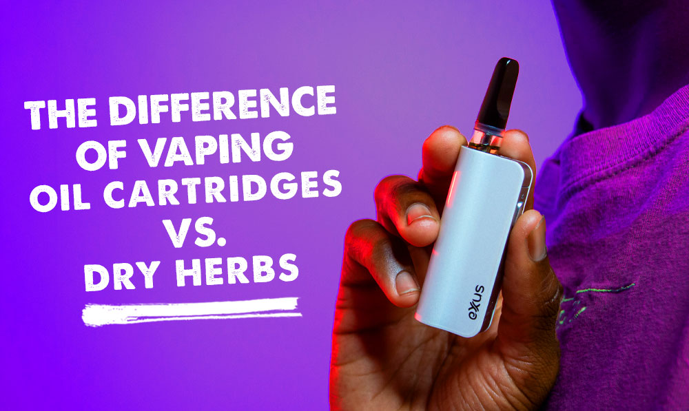 The Difference of Vaping Oil Cartridges vs. Dry Herbs with man holding Exxus Snap VV mini in front of purple studio background