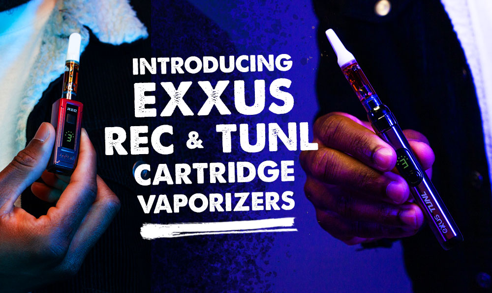Introducing Exxus REC & TUNL Cartridge Vaporizers with man holding Exxus REC and TUNL in front of blue studio background