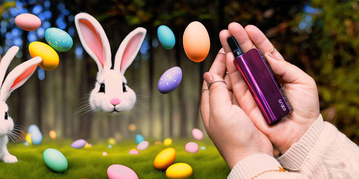 Woman holding Exxus Snap VV Pro in a forest with Easter bunnies and eggs nearby