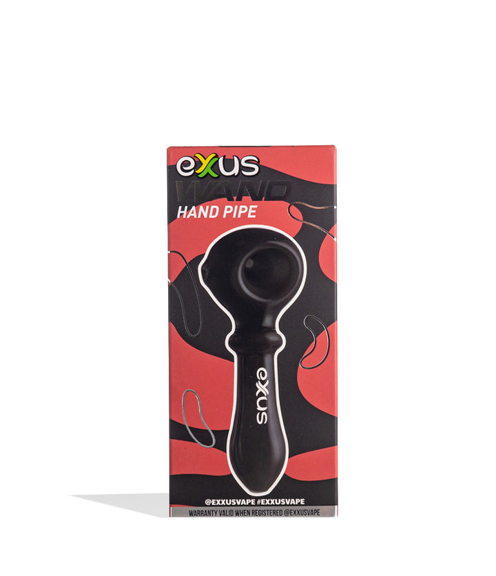 Black Exxus Wand Hand Pipe Packaging Front View on White Background