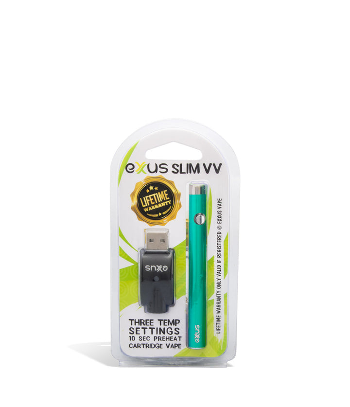 Cosmic Green packaging Exxus Vape Slim VV Cartridge Vaporizer on white background