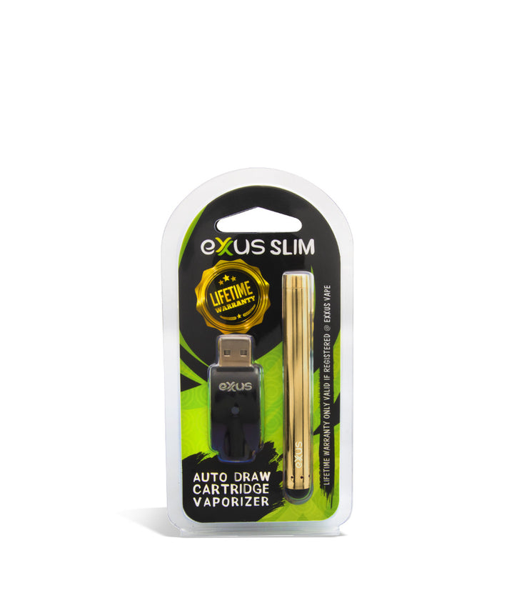 Gold packaging Exxus Vape Slim Auto Draw Cartridge Vaporizer on white background