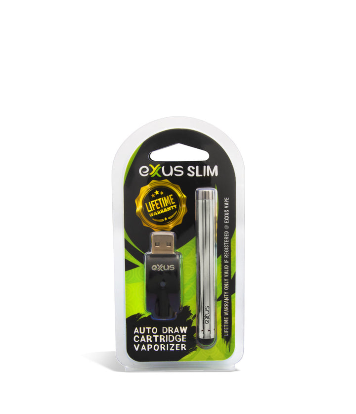 Silver packaging Exxus Vape Slim Auto Draw Cartridge Vaporizer on white background