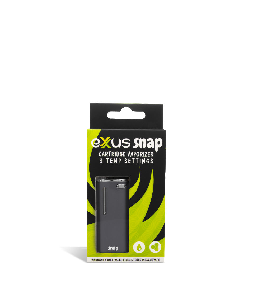 Gunmetal packaging Exxus Vape Snap Cartridge Vaporizer on white background