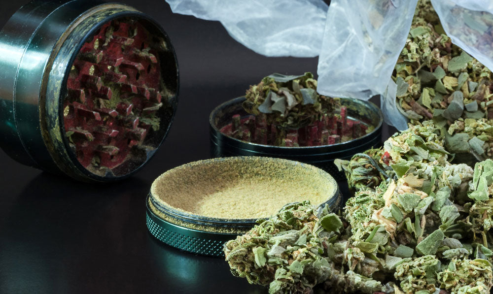 Herbs resting in and near grinder