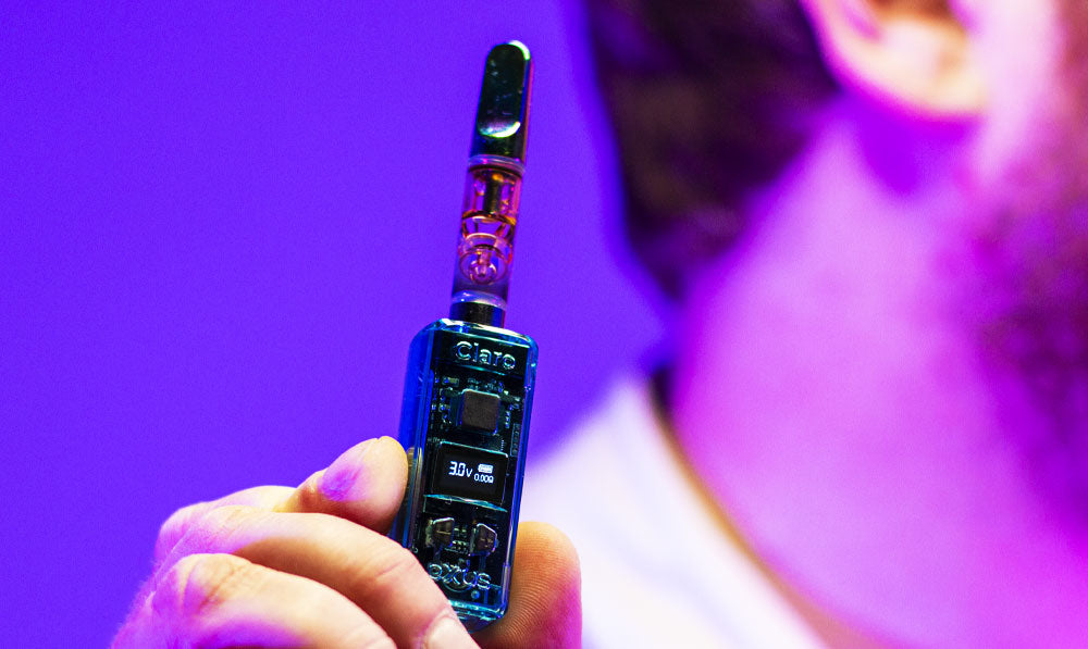 Man holding Exxus Claro in front of purple studio background