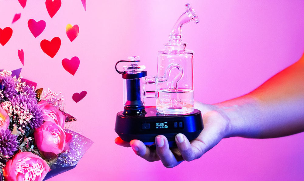 Person holding Exxus Go Plus in front of pink background with Valentine's Day flower bouquet nearby