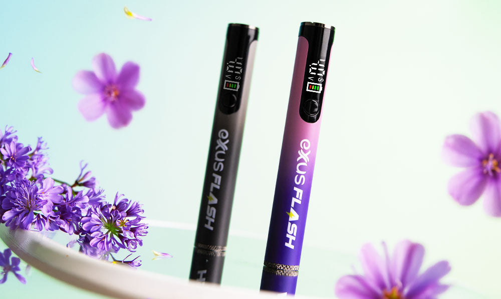 Exxus Flash on reflective display with spring flowers nearby