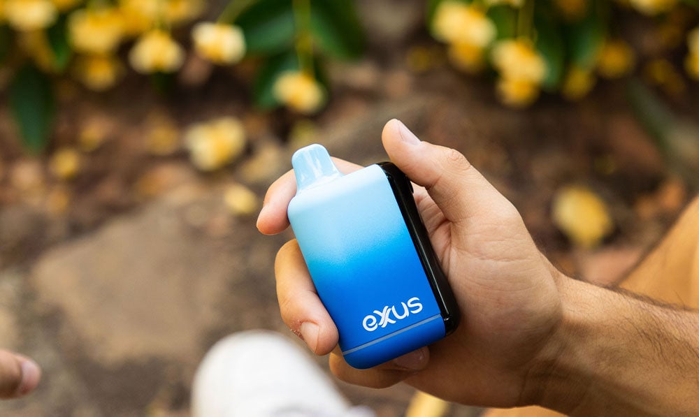 Exxus vape Snap DLX in man's hand sitting with floral background close up shot of product