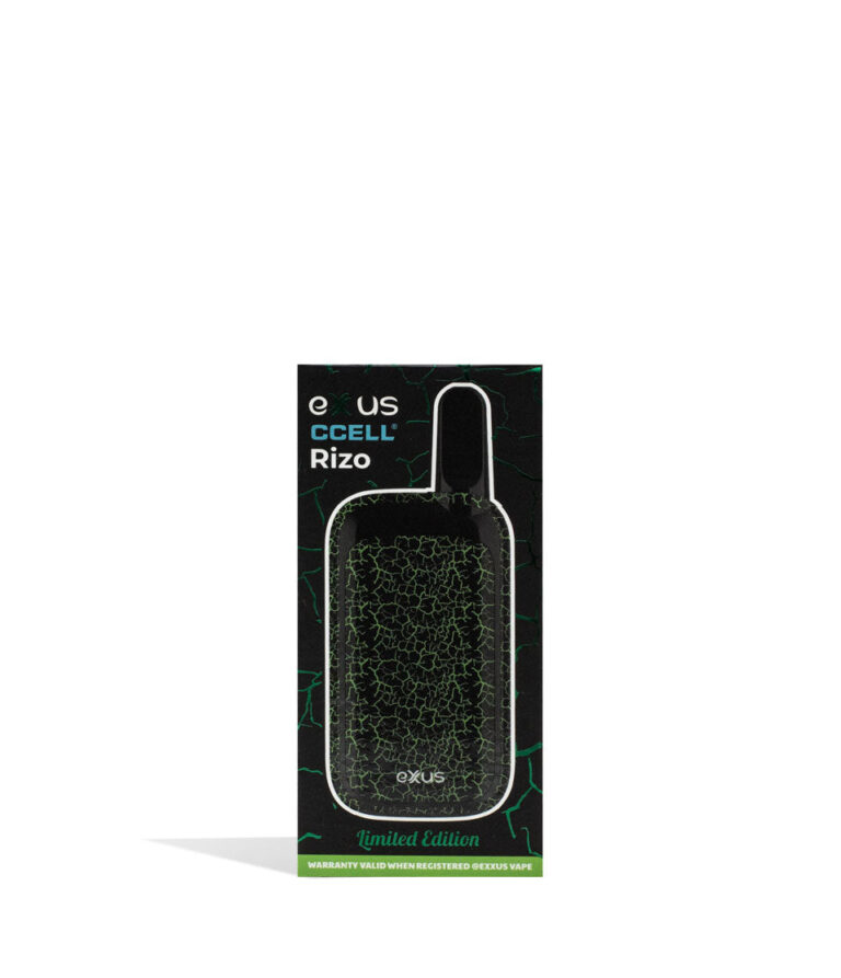 Black Green Crackle Exxus Vape Rizo 510 Thread Battery packaging on White Background