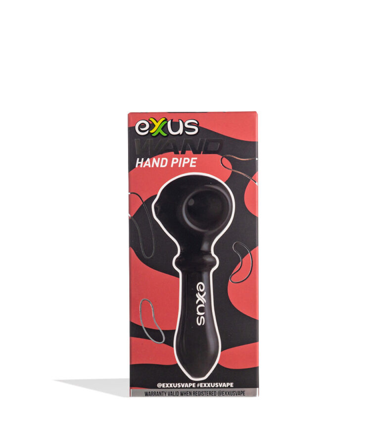 Black Exxus Wand Hand Pipe Packaging Front View on White Background