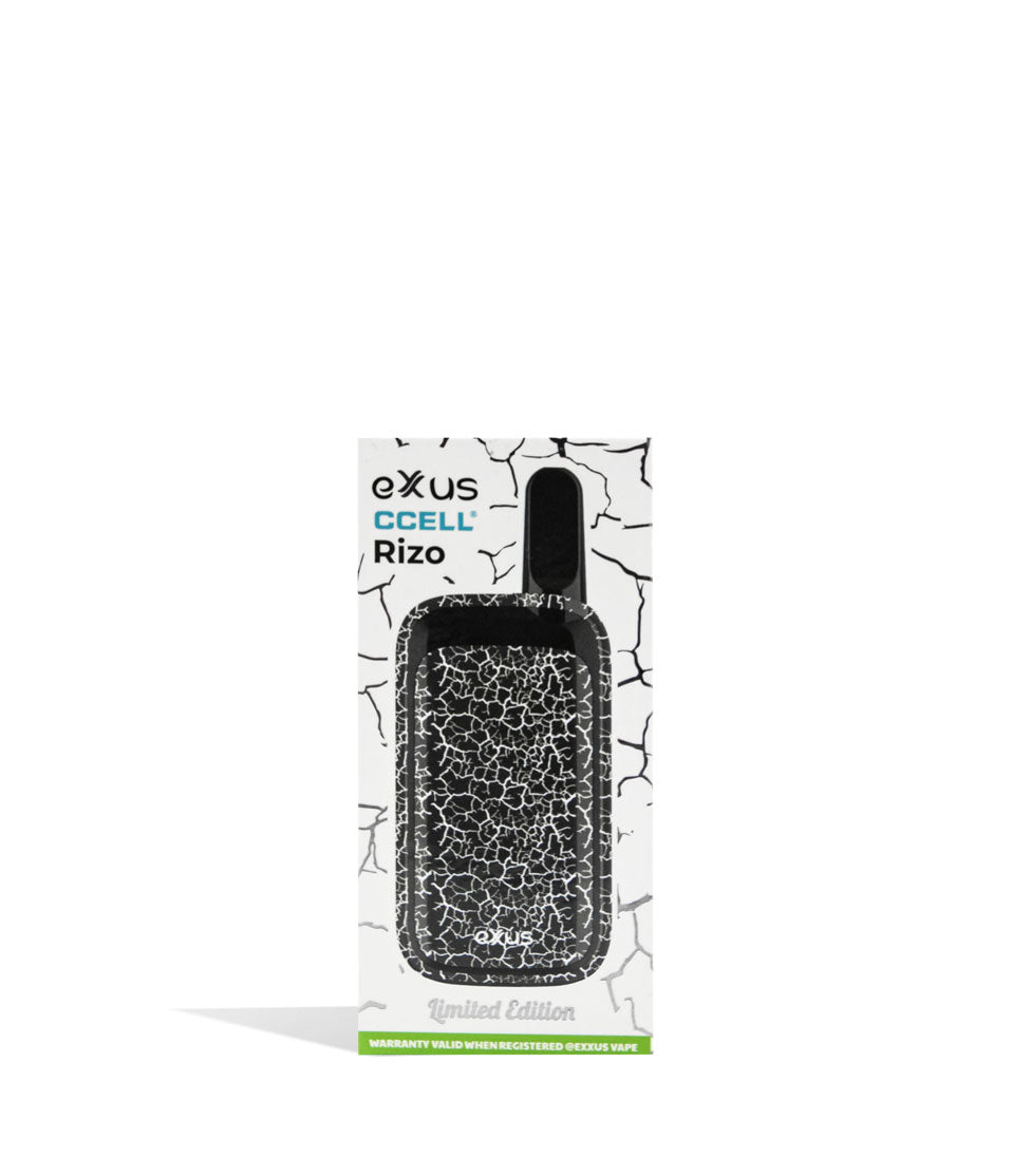 Black White Crackle Exxus Vape Rizo 510 Thread Battery packaging on White Background