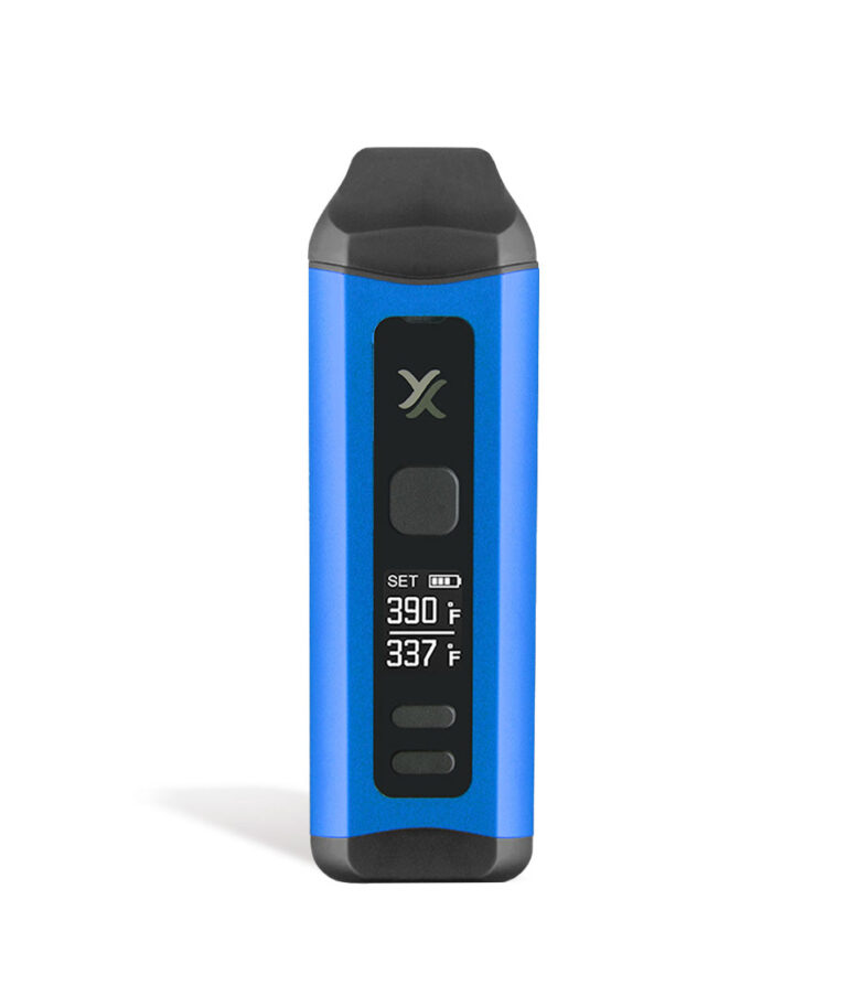 Blue front view Exxus Vape Mini Plus Vaporizer on white background