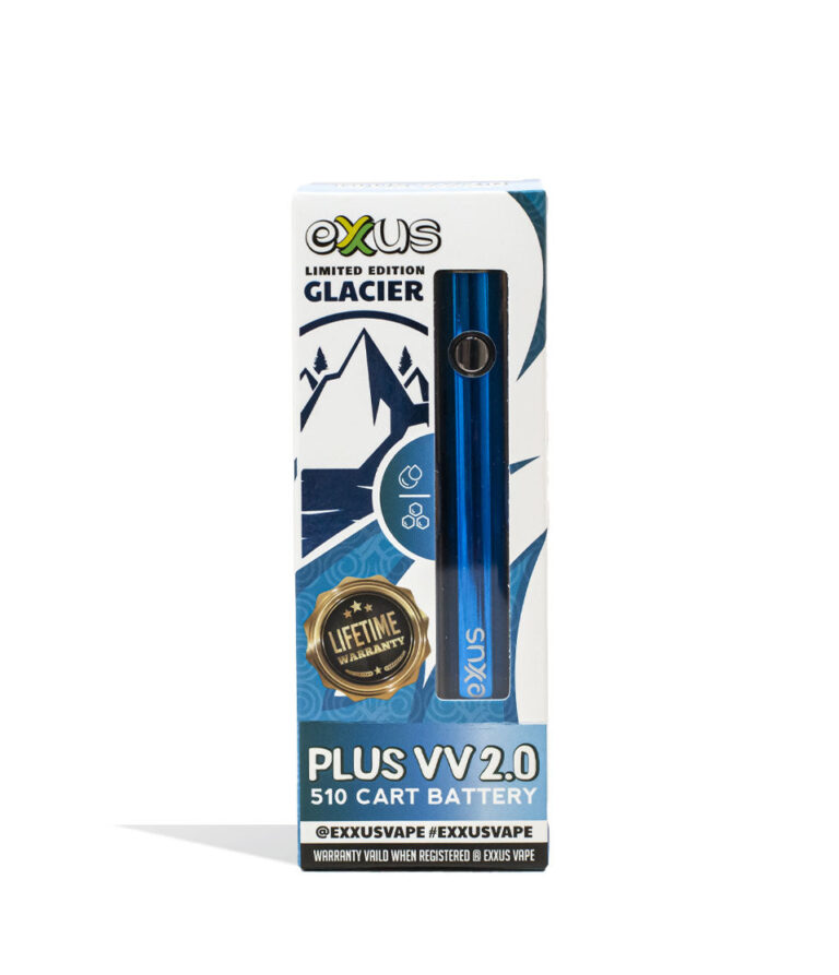 Glacier Exxus Vape Plus VV 2.0 510 Thread Battery Packaging Front View on White Background