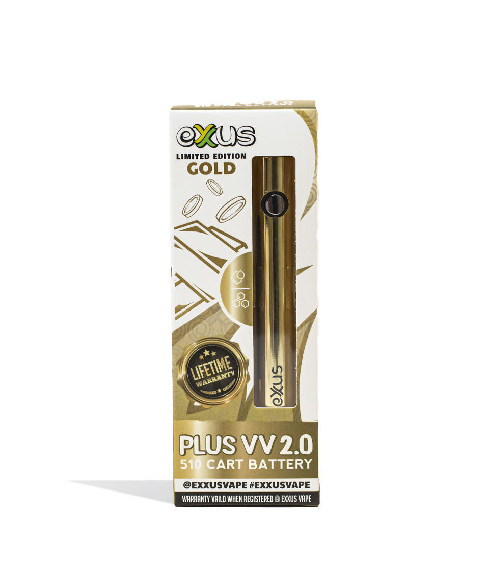 Gold Exxus Vape Plus VV 2.0 510 Thread Battery Packaging Front View on White Background