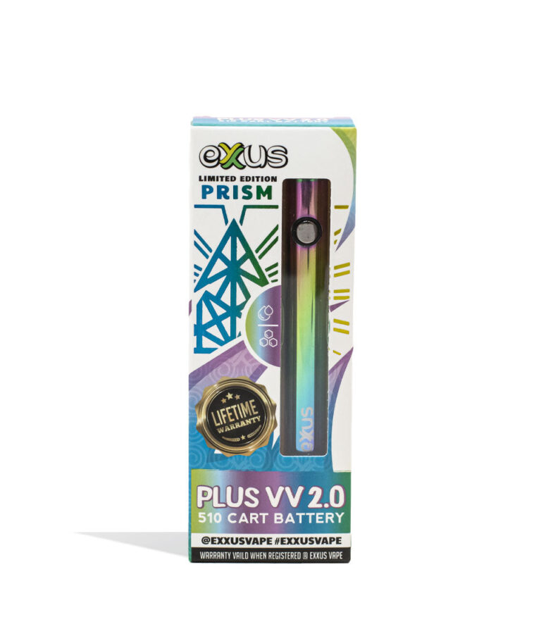 Prism Exxus Vape Plus VV 2.0 510 Thread Battery Packaging Front View on White Background