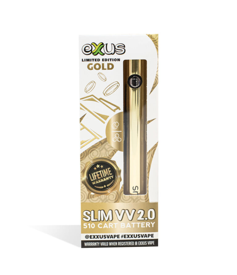 Gold Exxus Vape Slim VV 2.0 510 Thread Battery single pack on white background