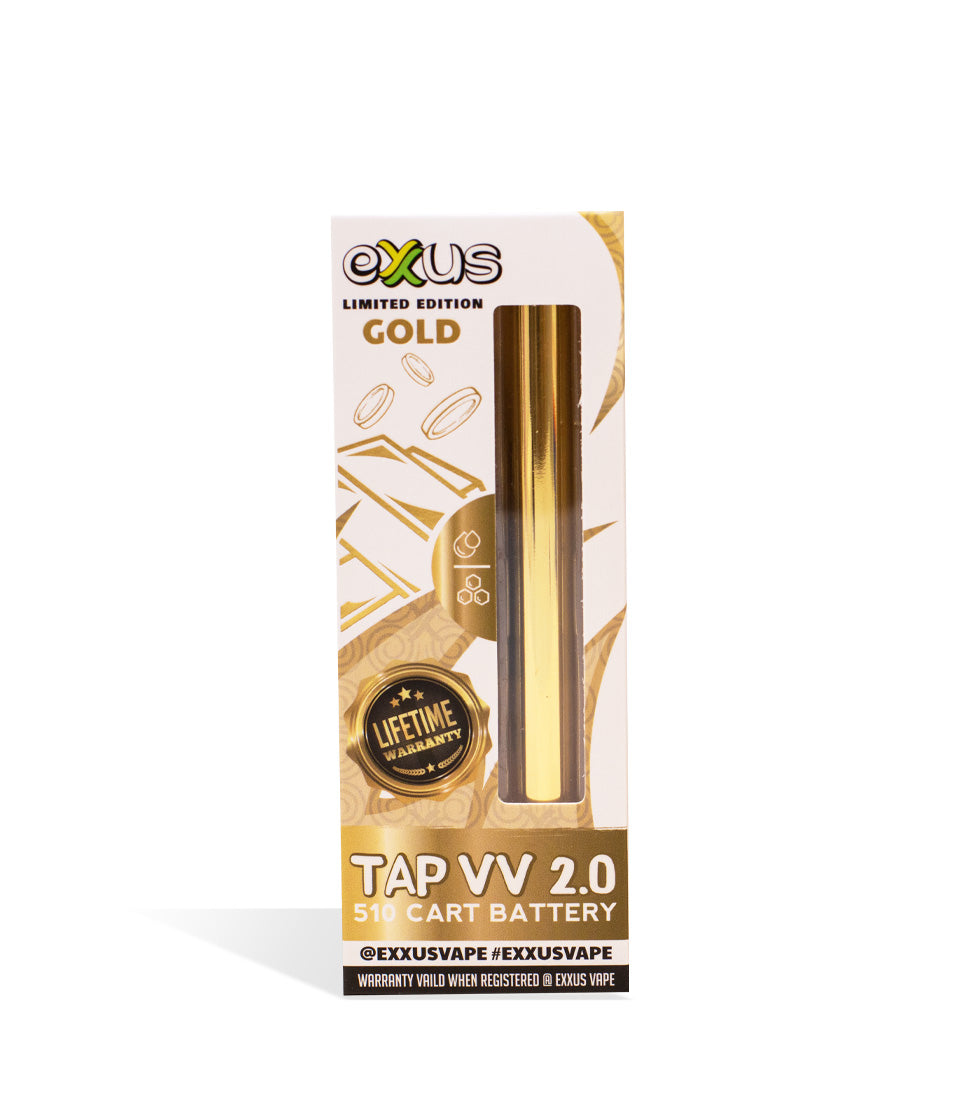 Gold Exxus Vape Tap VV 2.0 510 Thread Battery single pack on white background