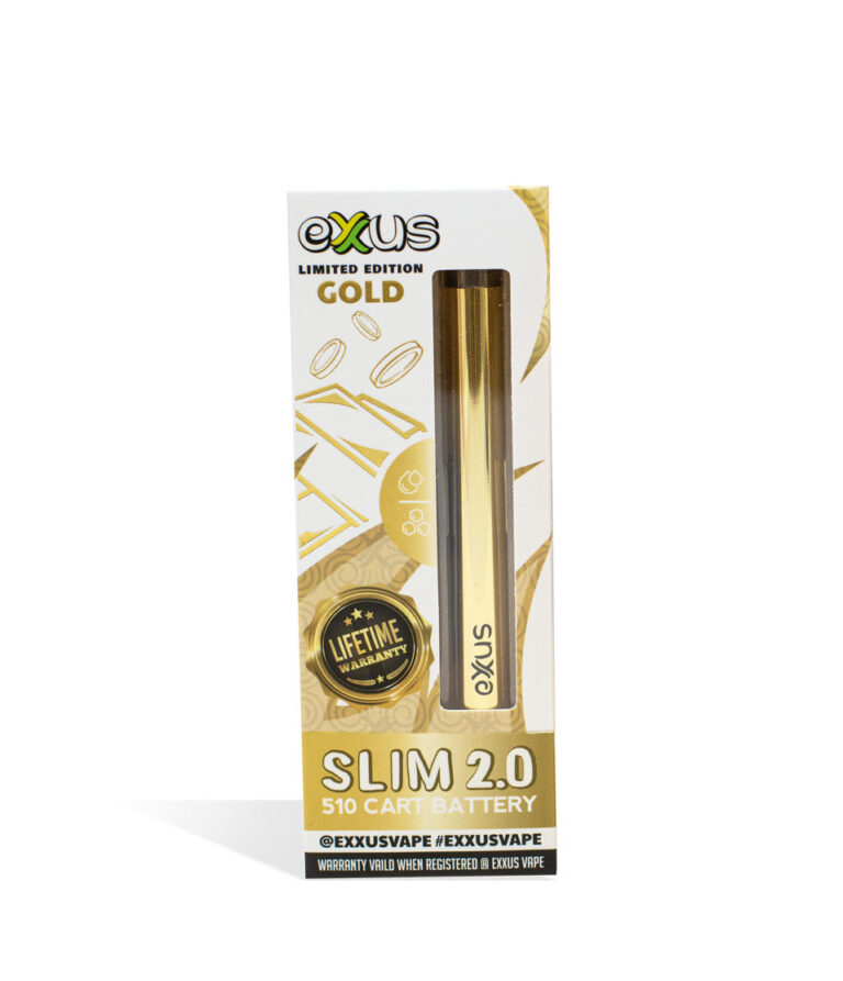 Gold Exxus Vape Slim 2.0 510 Thread Battery single pack on white background