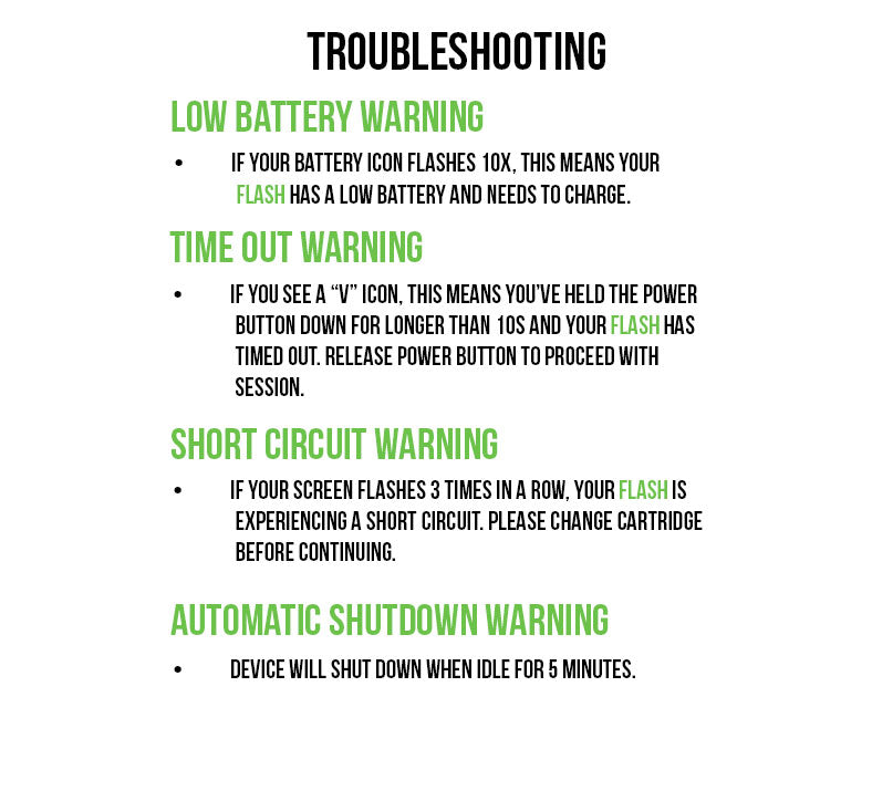 Exxus Flash troubleshooting guide covering low battery, time out, short circuit and automatic shutdown warnings