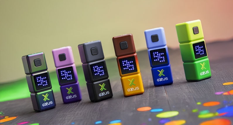 Exxus Stax 510 thread batteries in several colours on a grey surface
