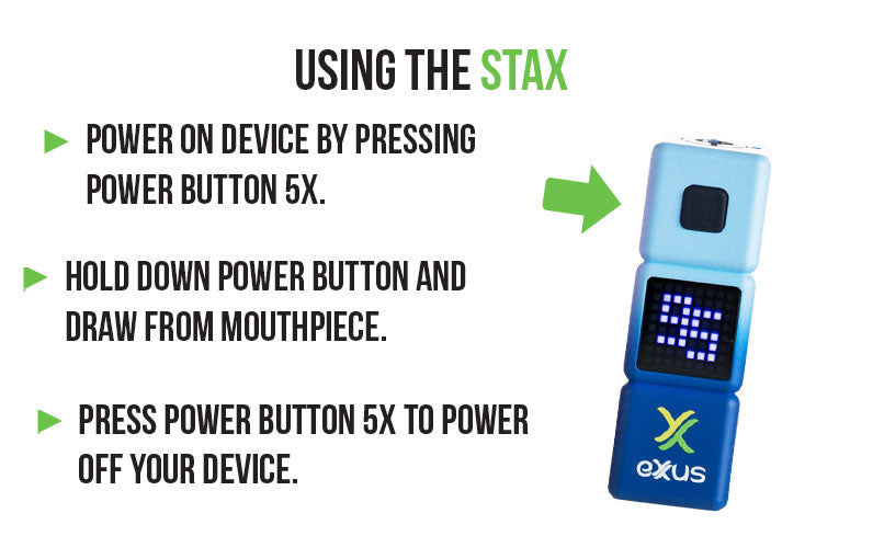 Exxus Stax usage guide: press the power button five times to power on, hold and draw from the mouthpiece, press five times to power off